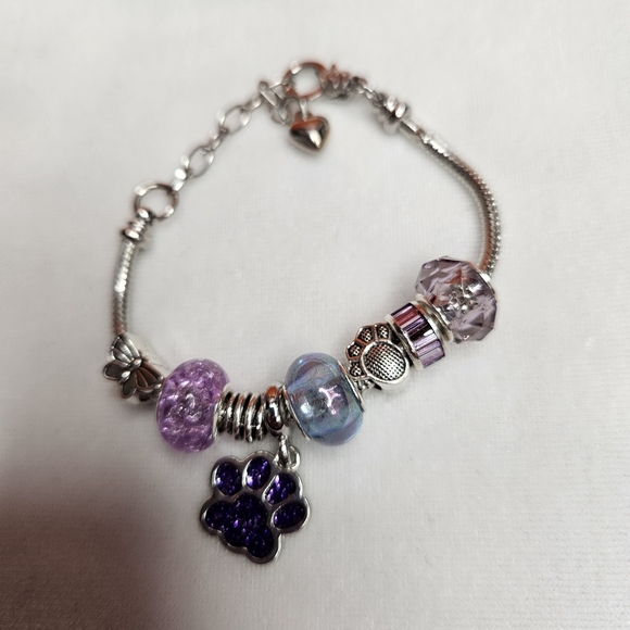 Purple Silver Beaded Silver Tone Animal Paw Glitter Charm Bracelet Clasp Closure - Picture 5 of 7